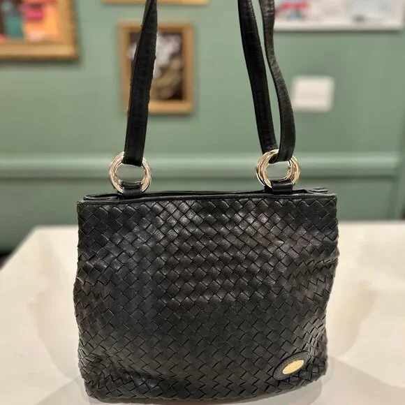 Etienne Aigner Black Woven Leather Convertible Strap Handbag Crossbody Shoulder - Picture 2 of 16